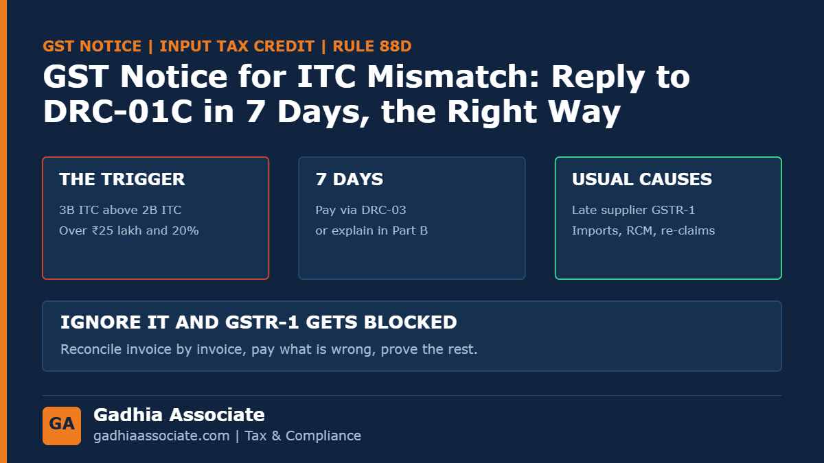 GST Notice for ITC Mismatch: DRC-01C, GSTR-2B vs GSTR-3B Difference, and How to Reply in 7 Days Without Paying Tax You Don't Owe