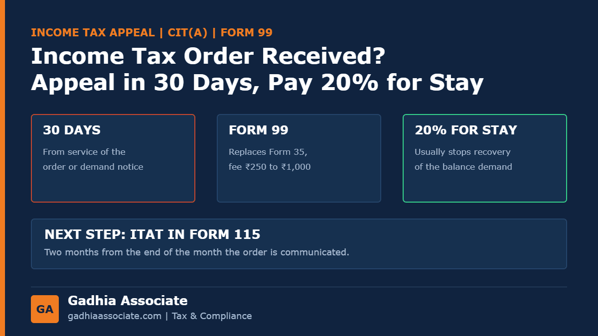 Income Tax Appeal in 2026: How to Challenge an Assessment Order, the 30-Day Limit, Form 99, Fees and Paying 20% for a Stay