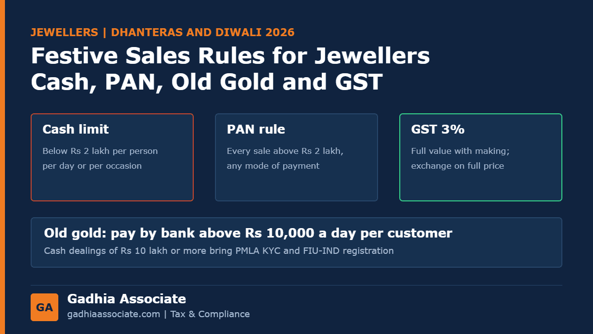 Dhanteras and Diwali Sales for Jewellers in 2026: Rs 2 Lakh Cash Limit, PAN Rule, Old Gold Purchases, GST on Exchange and PMLA KYC